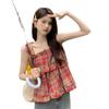Contrast color Spice Girl plaid suspender vest women's summer new fungus edge design sense chic short top tide