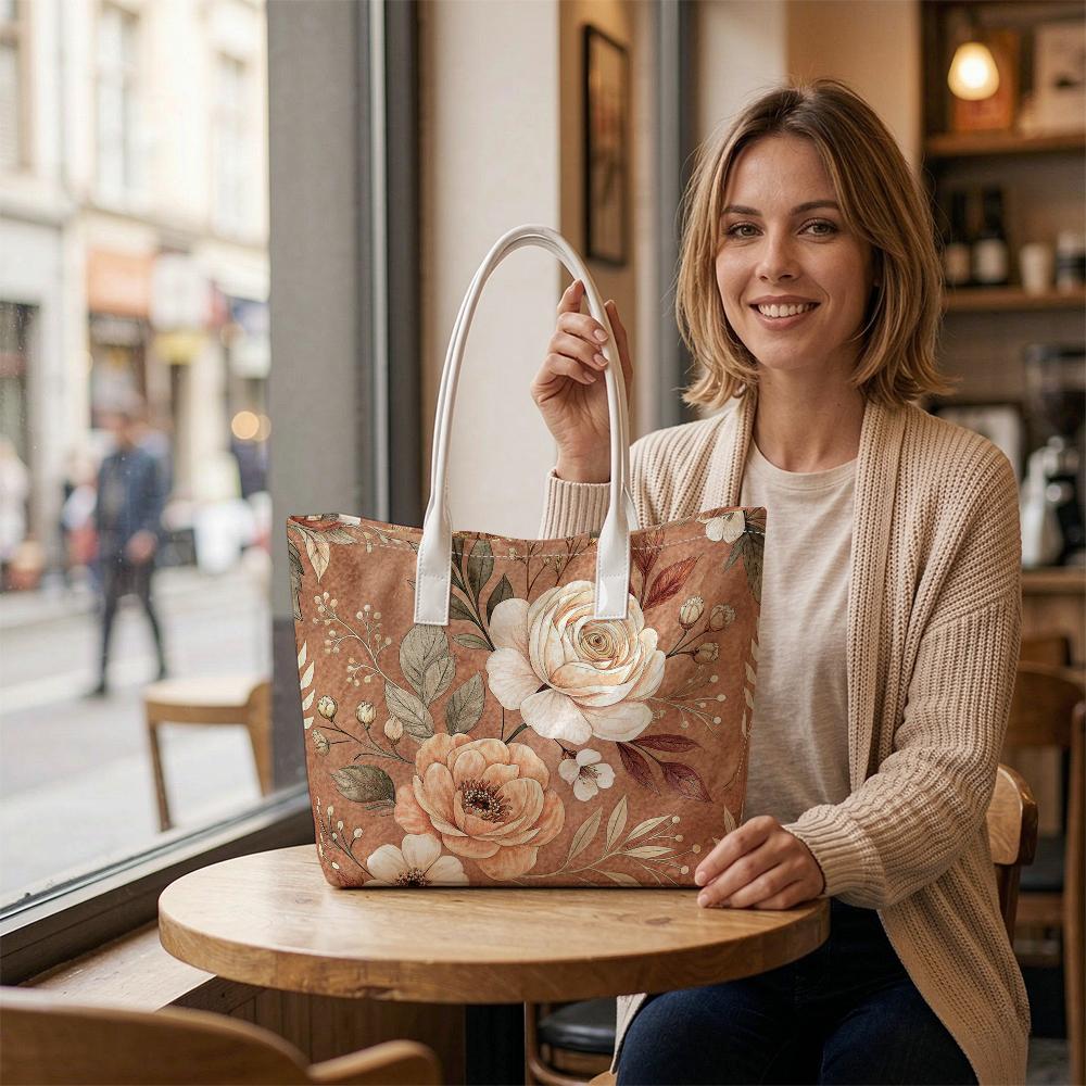 Vintage Floral Print Tote Bag Fashion Large Capacity Daily Handbag Casual Portable Shoulder Bag for Women