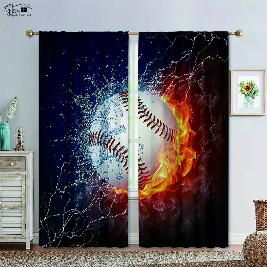 Basketball Football In Water and Fire Black Print Curtain Rod Pocket Machine Washable Bedroom Living Room Decorative Curtains