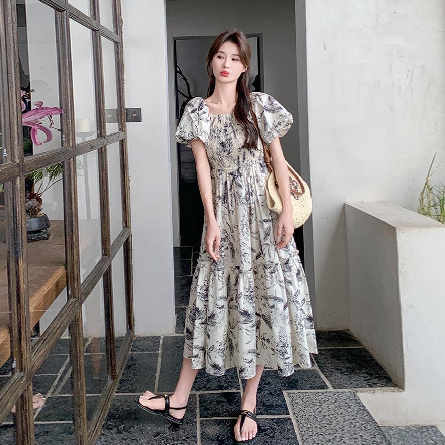 

Ретро платье с принтом тушью, летнее женское новое платье А-силуэта, с завышенной талией и тонкими рукавами-буфами XL