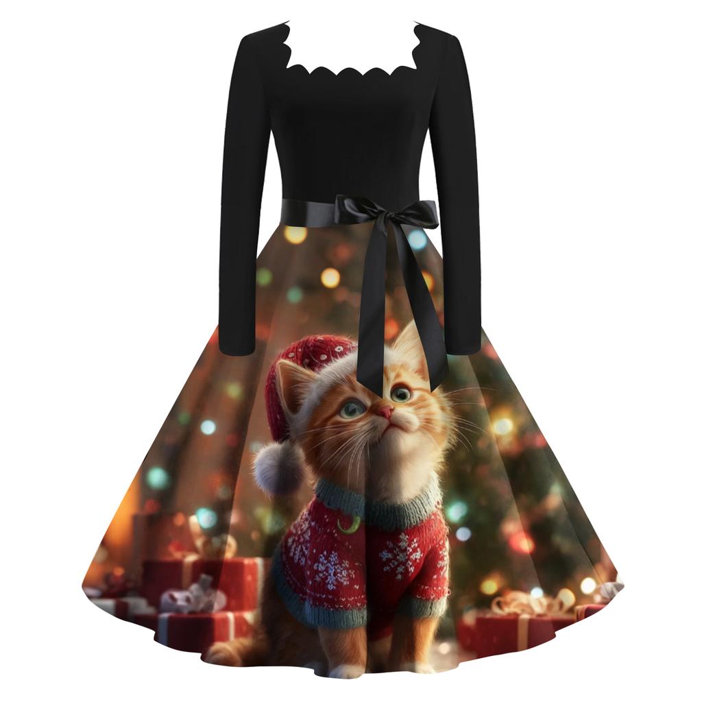 Women's Fashion Retro Long-sleeved Square Collar Christmas Printed Evening Dress