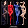 Glossy Black Silk Slim-Fit Full-Body Bodysuit - Round Neck, High Elasticity, 5D Ultra-Thin, Tight-Fitting, Sexy, Five-Finger Design