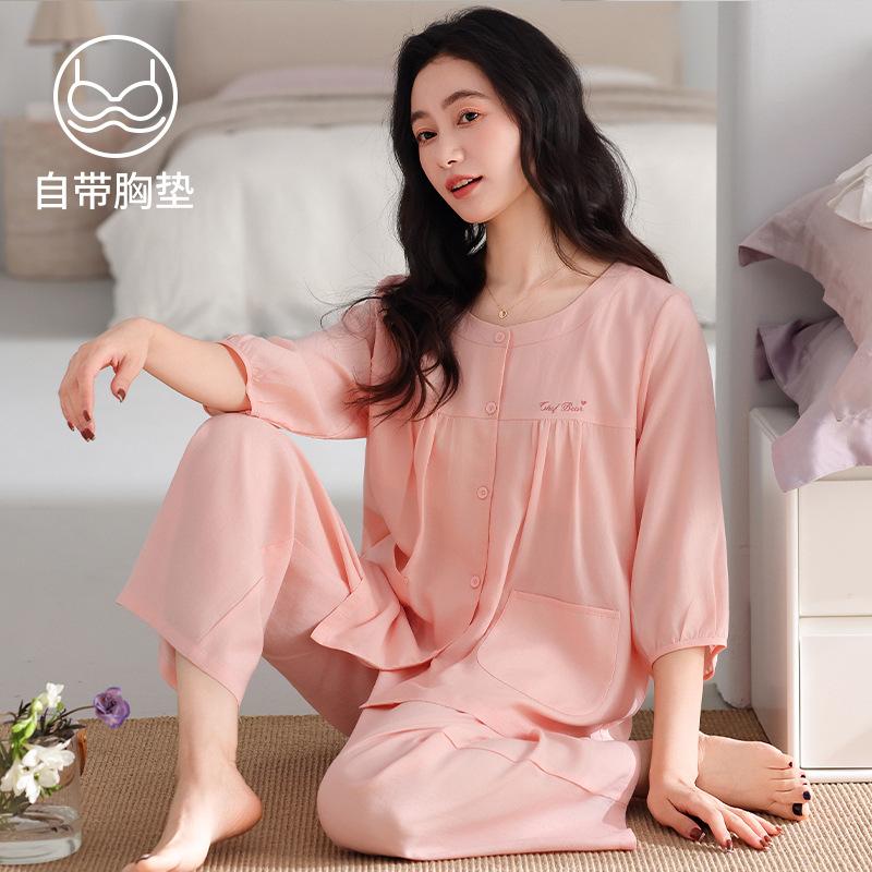 Pajamas Ladies Summer Seven-Point Cuffs Chest Pad Tencel Lyocell Middle-aged Mom Lady Wind No Collar Homewear