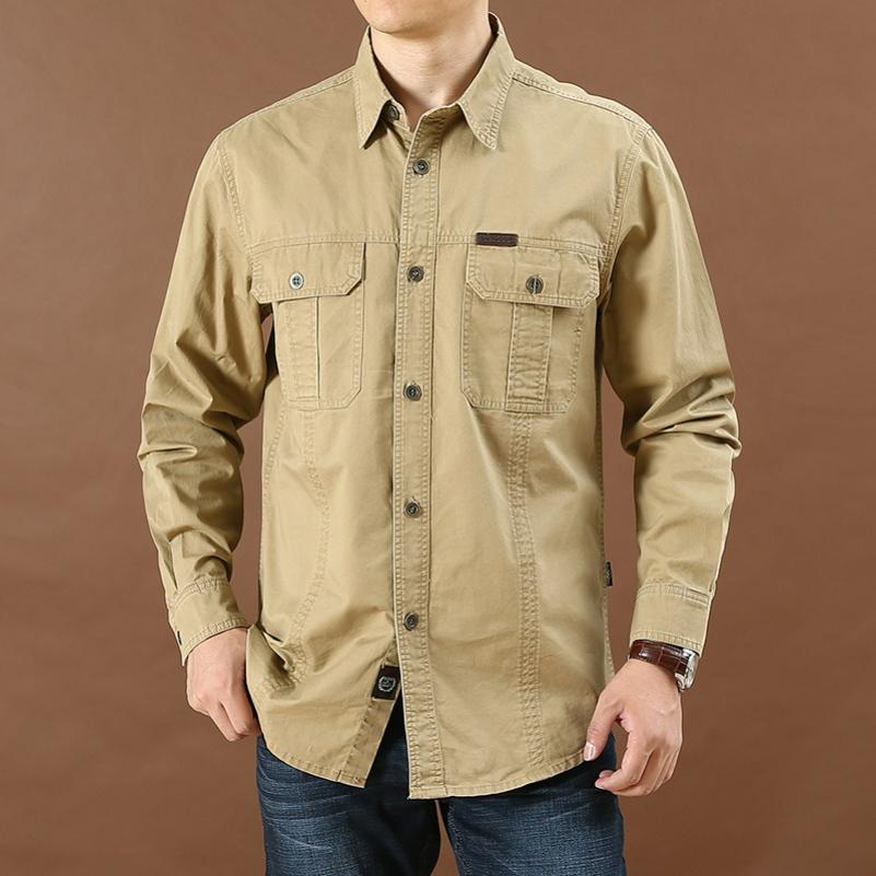 Men's Casual Loose Long-sleeved Shirt Spring and Autumn Plus Size Cotton Solid Color Young and Middle-aged Shirt
