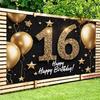 2D flat design, 1 piece - Golden glitter powder birthday theme decoration for 16-year-olds, printed banner background
