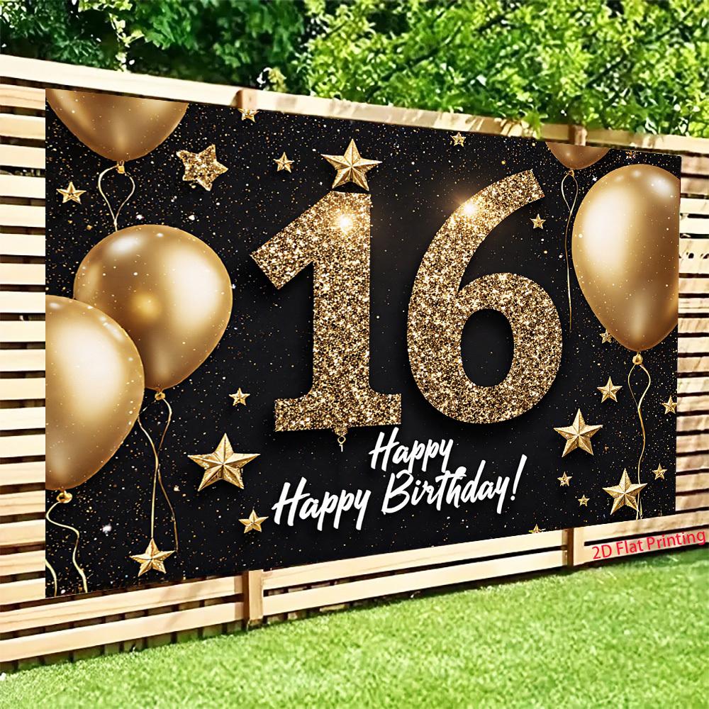 2D flat design, 1 piece - Golden glitter powder birthday theme decoration for 16-year-olds, printed banner background