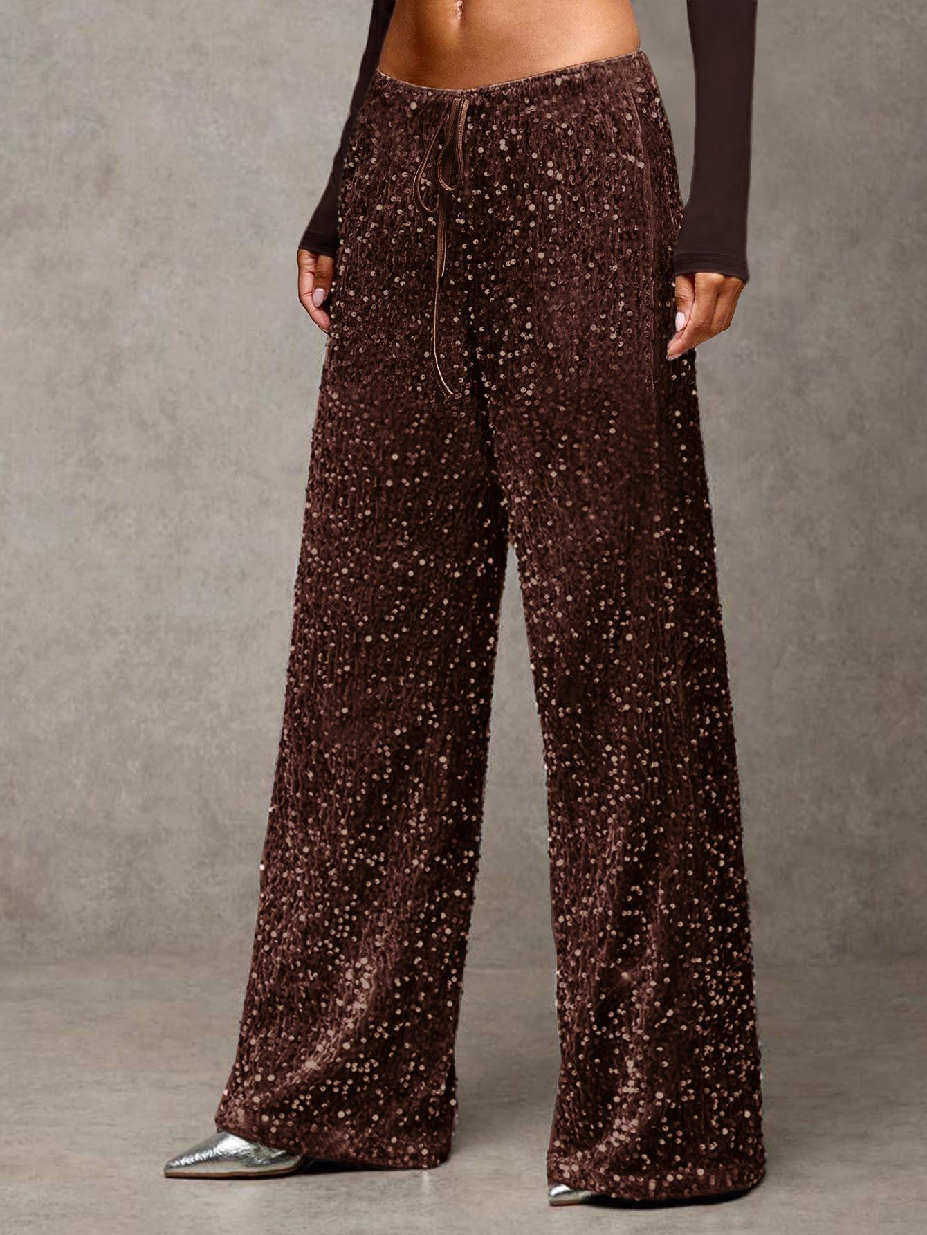 

Women s Sparkle Wide Leg Pants with Drawstring Waist in Multiple Colors XXL темно-коричневого кольору