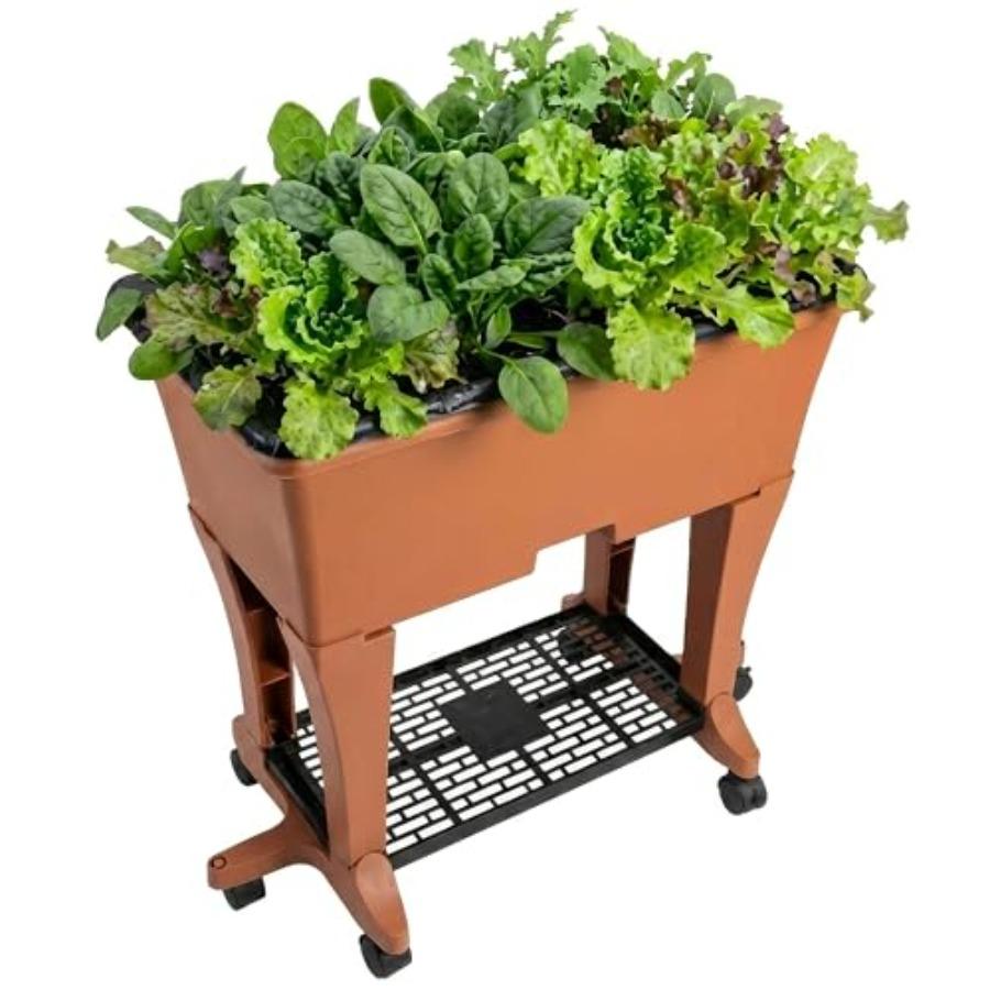 

Raised Garden Bed with Legs Elevated Self Watering Planter Box with Wheels Storage Shelf Premium Plant Food Easy Assembly Made United States