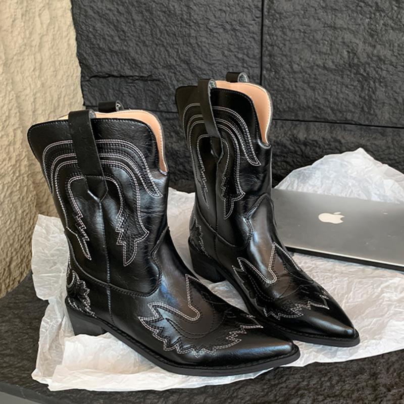 fashion Autumn Winter 2024 Western Cowboy Boots Slip On Women's Boots Embroidered Rider Motorcycle Boots Pu Leather Mid-Calf Boots 35-40