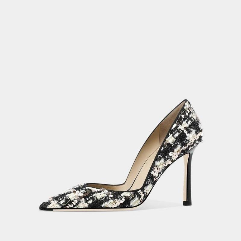 Fashion Spring New High-heeled Women's Fashion Pointy Light Mouth Sequin Cloth Slip-on Slip-on Wear-resistant Fine Heel Shoes