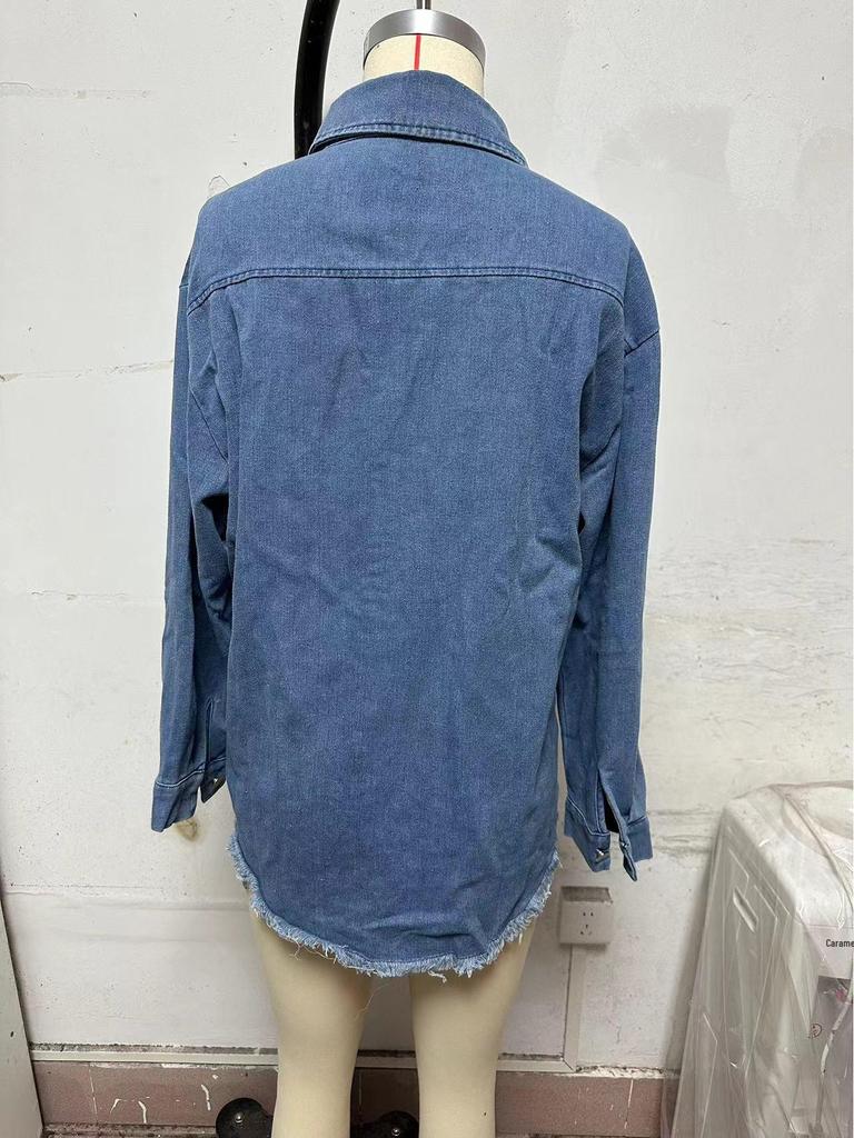 Women's Cross-Border Washed Denim Shirt Jacket - European & American Autumn/Winter Street Style with Frayed Hem