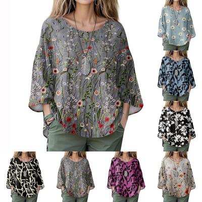 Summer Tops For Women Cute O Neck 3/4 Sleeve Blouses Floral Print Top Casual Shirts