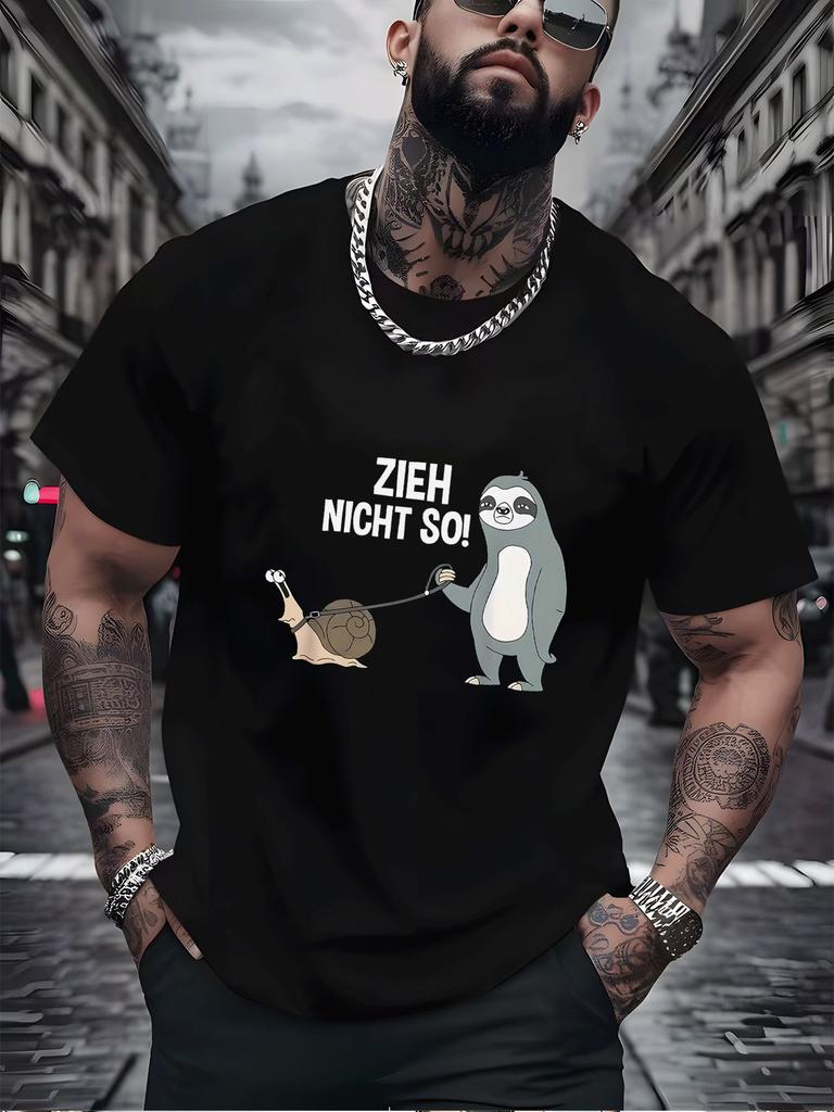 Unisex Crew Neck Tee Funny Sloth And Snail Cartoon Print Short Sleeve Oversized Male Daily Casual Soft Breathable Basic Wear Top