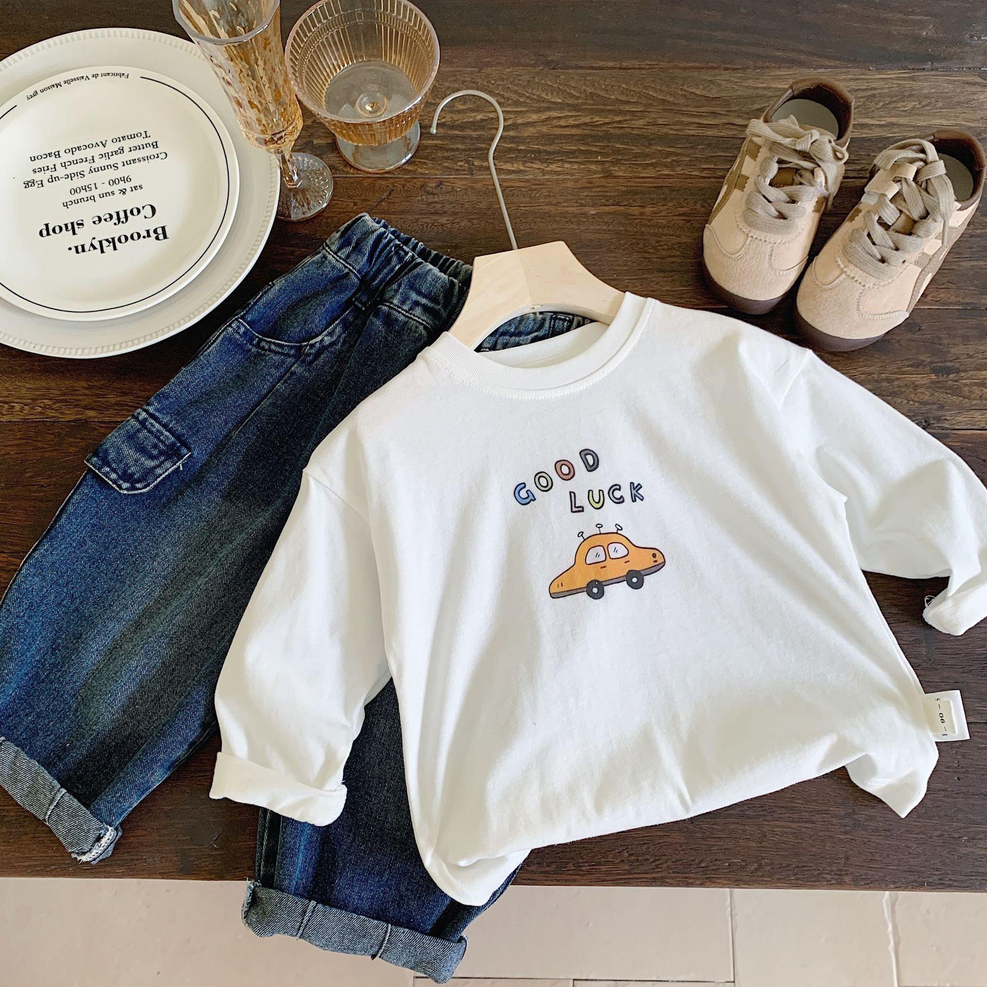 

2024 Новая осенняя футболка с длинными рукавами из чистого хлопка для мальчиков и малышей - Универсальный весенне-осенний топ 110 cm