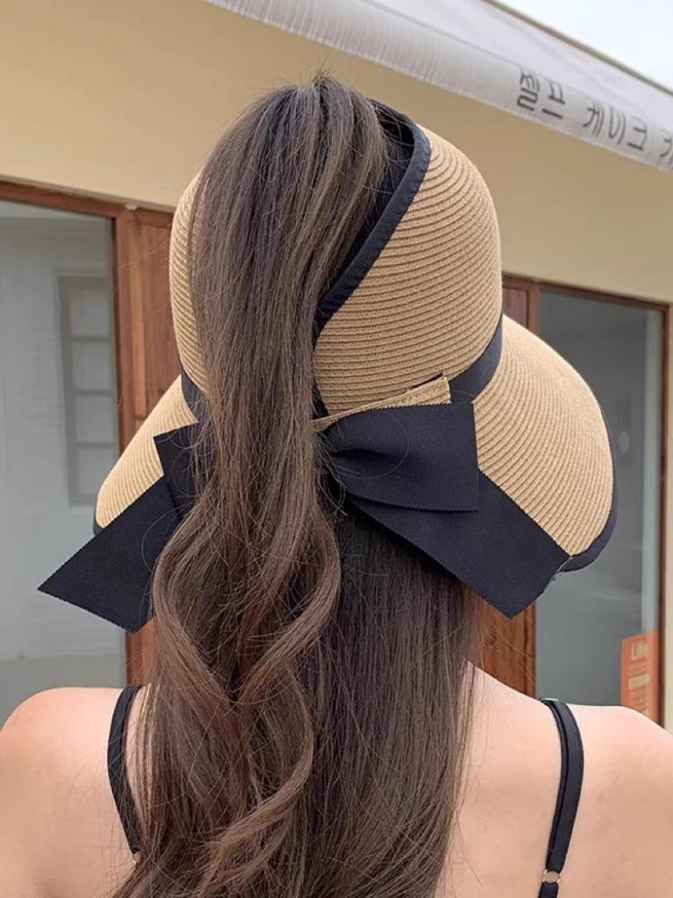 Women's Summer Straw Sun Hat, Wide Brim Foldable Beach Cap with Open Top Design for Outdoor Use, New Style, Sun Protection