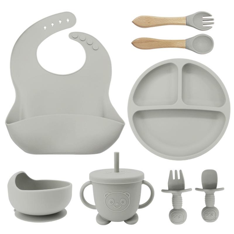 Set de farfurii din silicon pentru copii pentru a învăța să mănânci, furculiță de antrenament, lingură, supliment alimentar, ventuză, bol, anticădere și antiopărire
