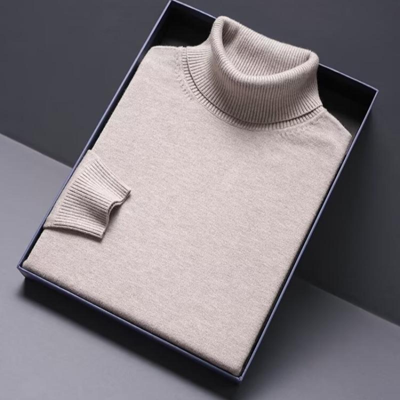 Men's Slim Fit High Neck Solid Color Knit Pullover - Korean Style Winter Base Layer Sweater