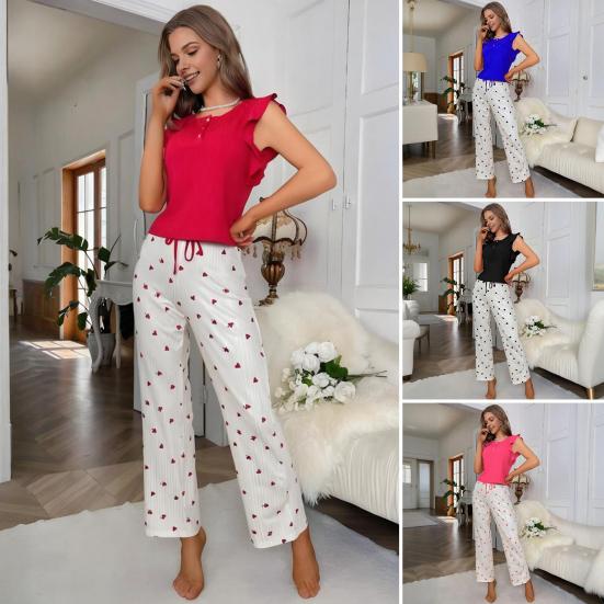 Women's Heart Print Pants Pajama Set Crewneck Ruffle Cap Sleeve And Long Pants 2 Piece Sleepwear Set Soft Lounge Pjs Set