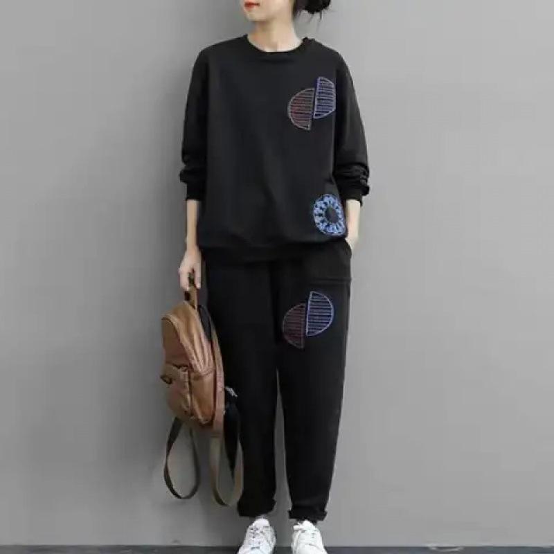 

Жіночий спортивний костюм великого розміру Осінь-Зима Вільний з принтом Повсякденний Спортивний Комплект з двох предметів для жінок 5XL чорний