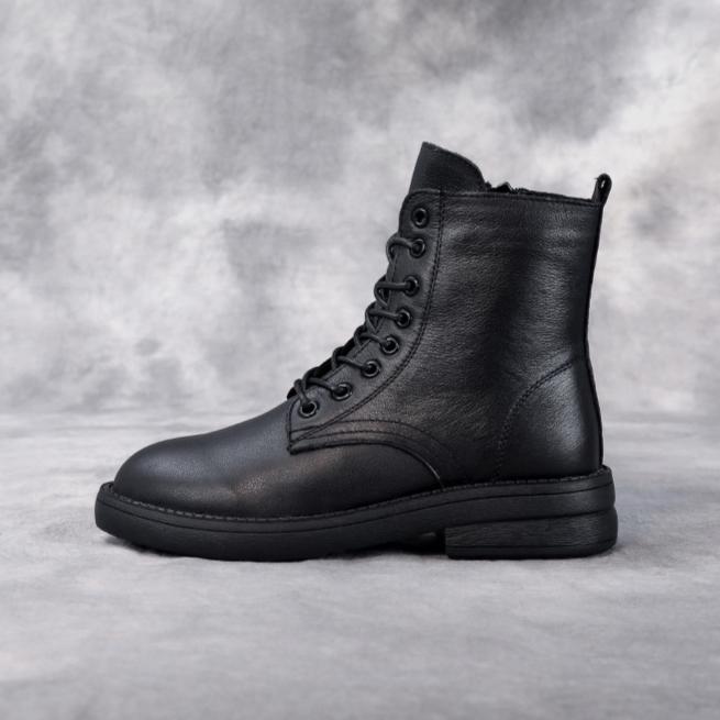 Johnature Schwarze kurze Stiefel im britischen Stil mit seitlichem Reißverschluss, vielseitige Damenstiefel aus echtem Leder mit weicher Sohle