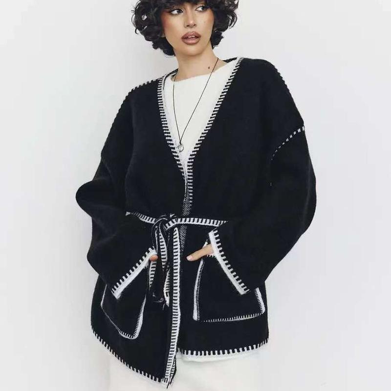 

Осенний Вязаный Женский Кардиган Повседневный С Длинным Рукавом V-образный Вырез Карман Пояс Женский Трикотаж Элегантный Лоскутный Панельный Женский Свитер L