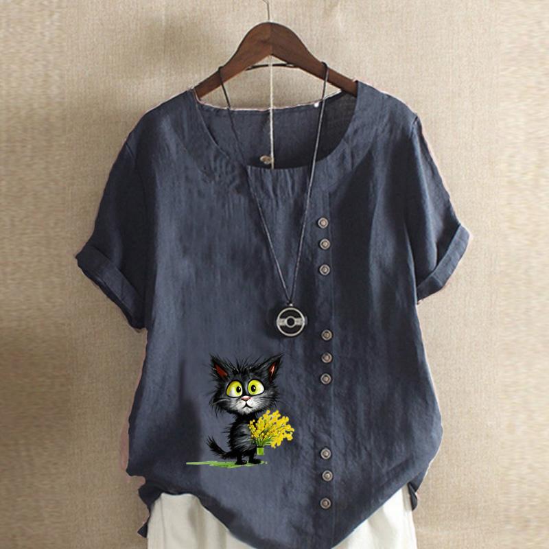 Damenmode Schwarze Katze Blumenmuster Kurzarm T-Shirt Locker Baumwollshirt Lässige Lockere Sommerbluse Übergröße Tops