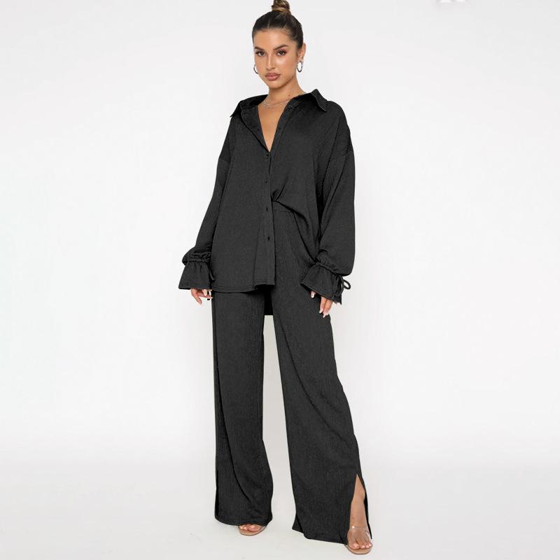 New Women's Fashion Solid Color Lapel Tie-Up Top & Trousers Suit for Spring, Autumn, Winter.