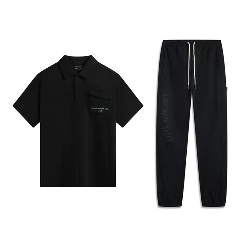 Li Ning Minimalist Fashion Letter Breathable Pocket Comfortable Versatile Short Sleeve Polo Shirt Casual Sports Suit Unisex suit APLV461-2+AKLV085-3