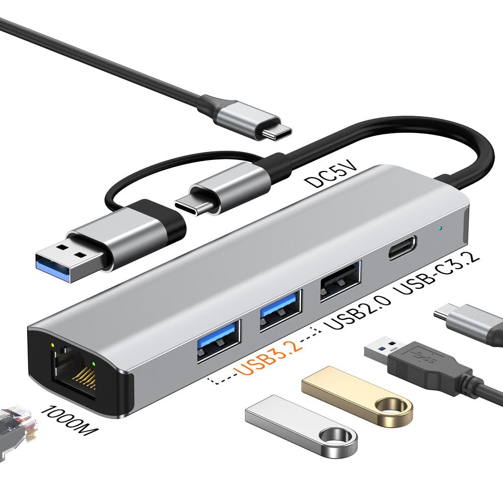 

2501 USB-C/USB to Ethernet Adapter RJ45 Gigabit Network Card with USB3.2 USB2.0 USB-C3.2 DC5V Ports Converter As Shown A