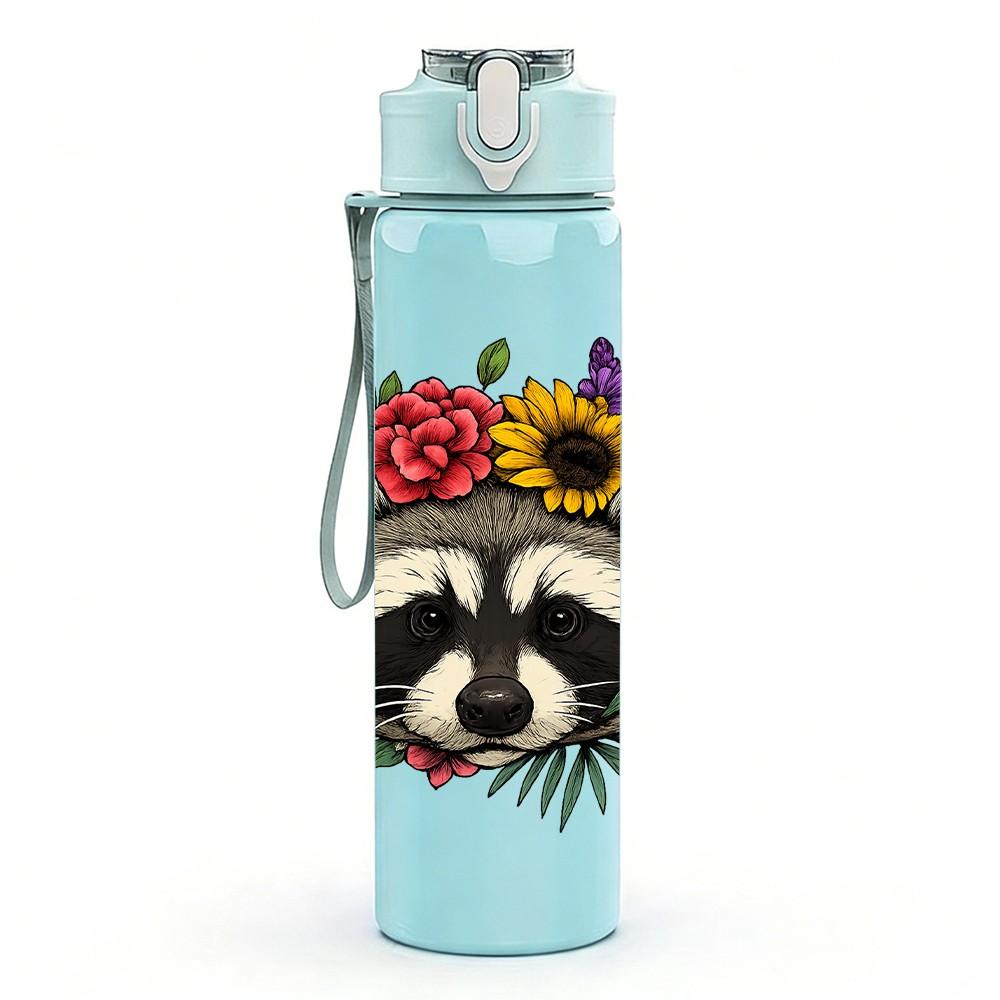 1PC Flower Crown Raccoon 750ml Color Plastic Sports Water Bottle Leakproof Flip Straw Lid Suitable for Sports Office Home Use