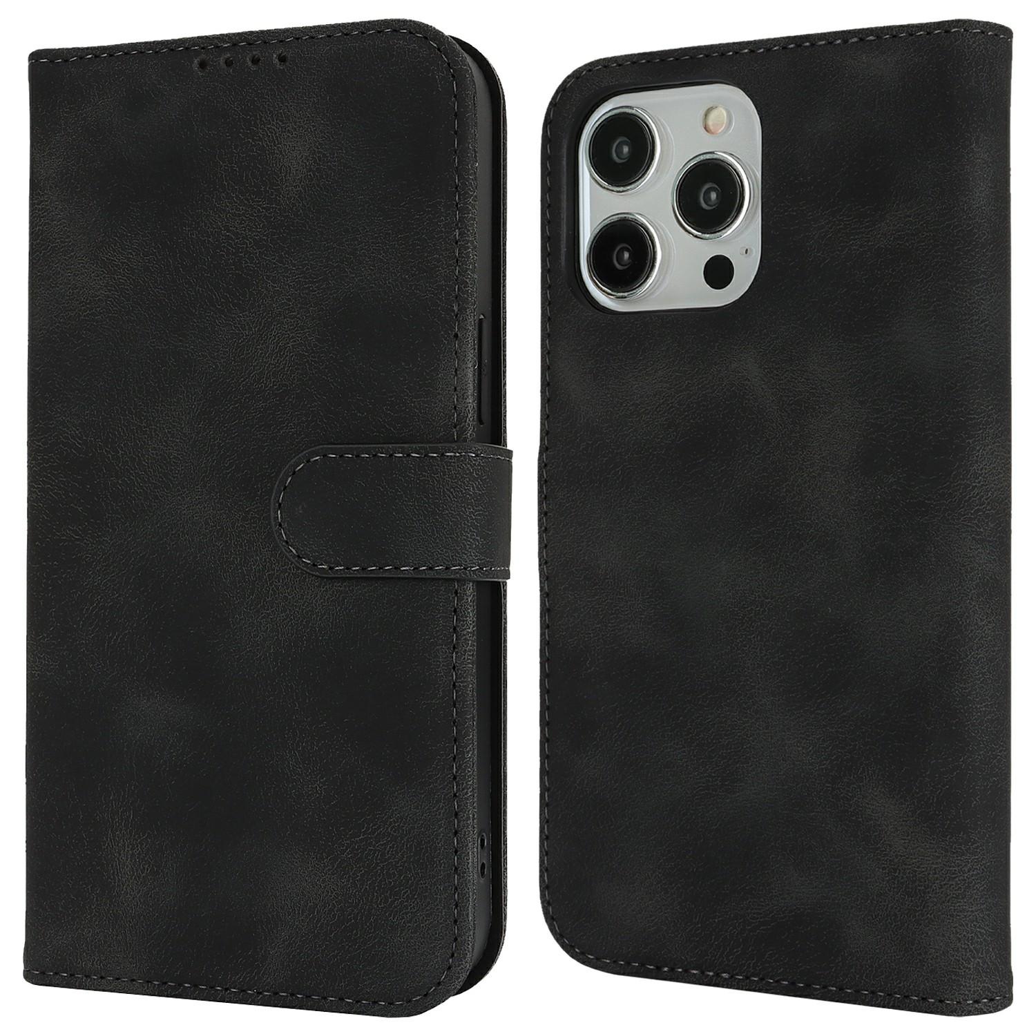 

For iPhone 13 Pro Wallet Case Double Folded Edge Skin Touch PU Leather Flip Phone Cover Black