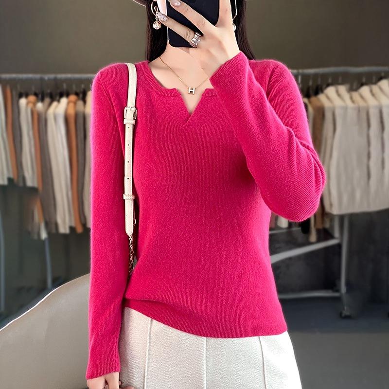 Autumn and winter new long-sleeved solid-color slim-fit bottoming shirt round V-neck sweater women's knitted sweater jumper top