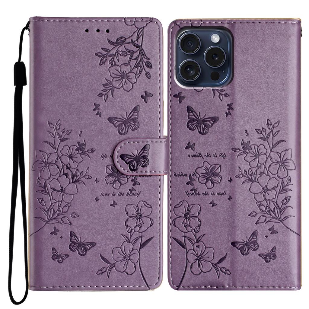 Für iPhone 14 Pro Hülle Schmetterling Floral Prägung Leder Brieftasche Handyhülle mit Ständer