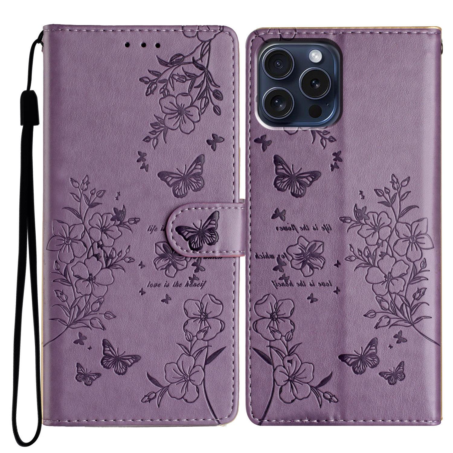 

For iPhone 16 Pro Max Case Butterfly Floral Imprint Leather Stand Phone Cover with Wallet Purple