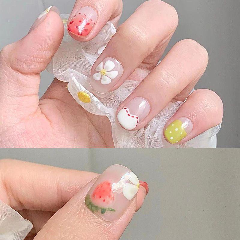 Sweet Girl Pink Strawberry Press-On Nails: Hand-Painted Spring/Summer Short Nail Art Patches.