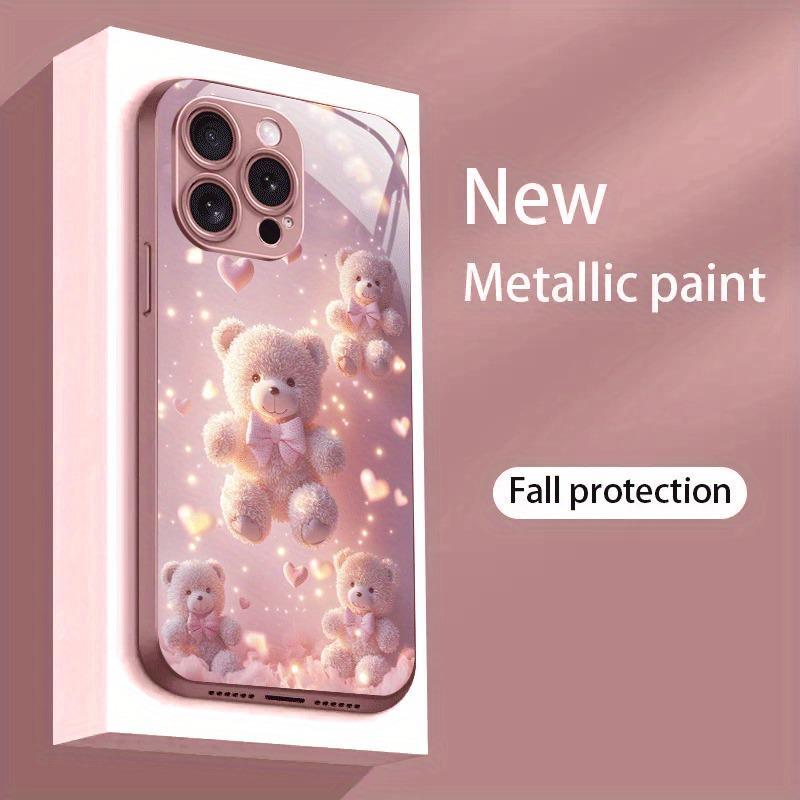 Cute Bear Heart Pattern Pink Metallic Paint Glass Hard Phone Case For iPhone 17Air 11 12 13 14 15 16 17 Pro Max Plus 16E Cover