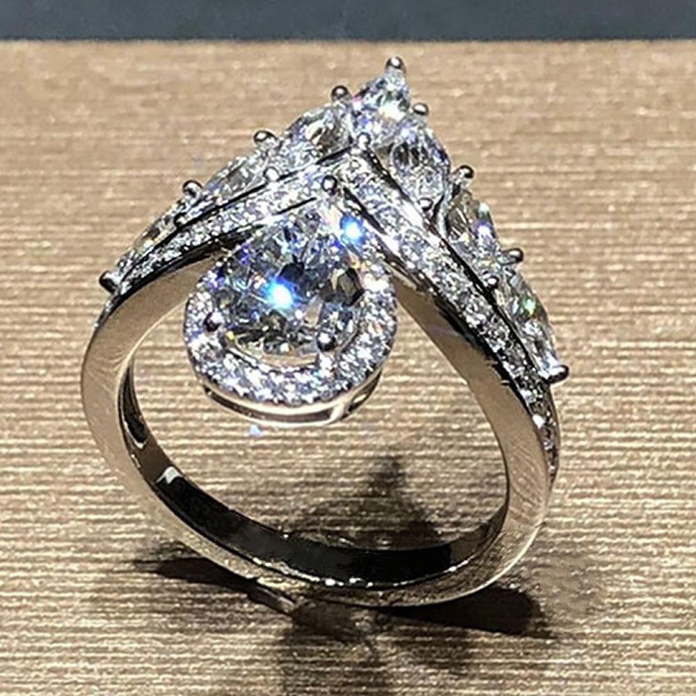 Temperament Luxury Geometric Crown Teardrop-shaped Crystal Zircon Rings for Women Bride Wedding Stainless Steel Charm Jewelry