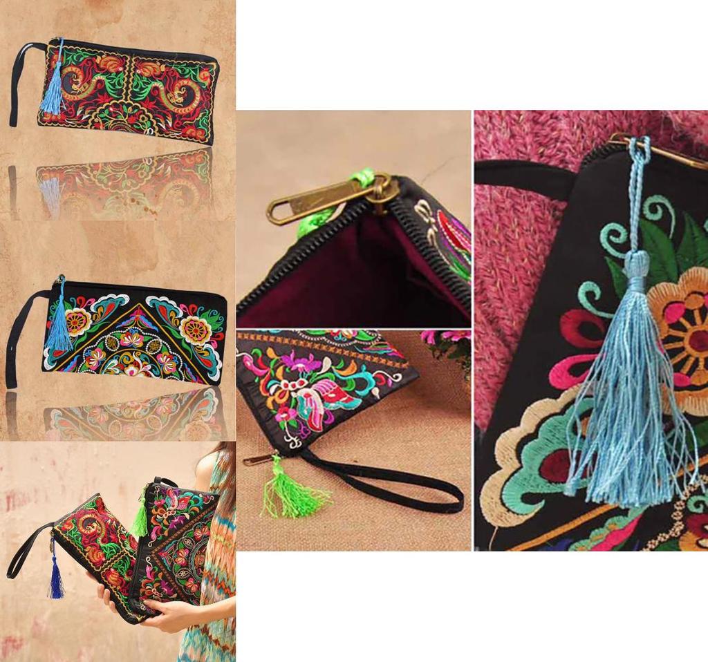 Ethnic Embroidered Long Wallet With Tassel Polyester Fabric Retro Style
