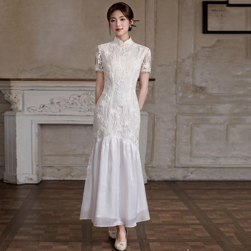 Elegant Lace Cheongsam Dress With High Collar Cap Sleeve Modern Chinese Style Long Gown Women 2026
