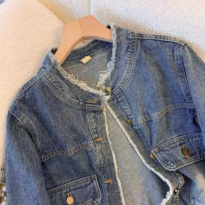 Washed Retro Denim Cropped Jacket with Raw Hem - Petite Loose Fit for Spring & Autumn 2026