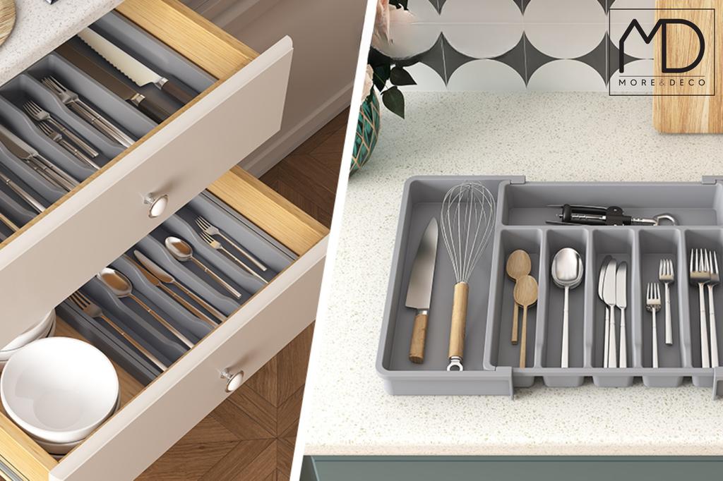 Kitchen Drawer Organizer for Cutlery, Extendable Kitchen Insert, Gray