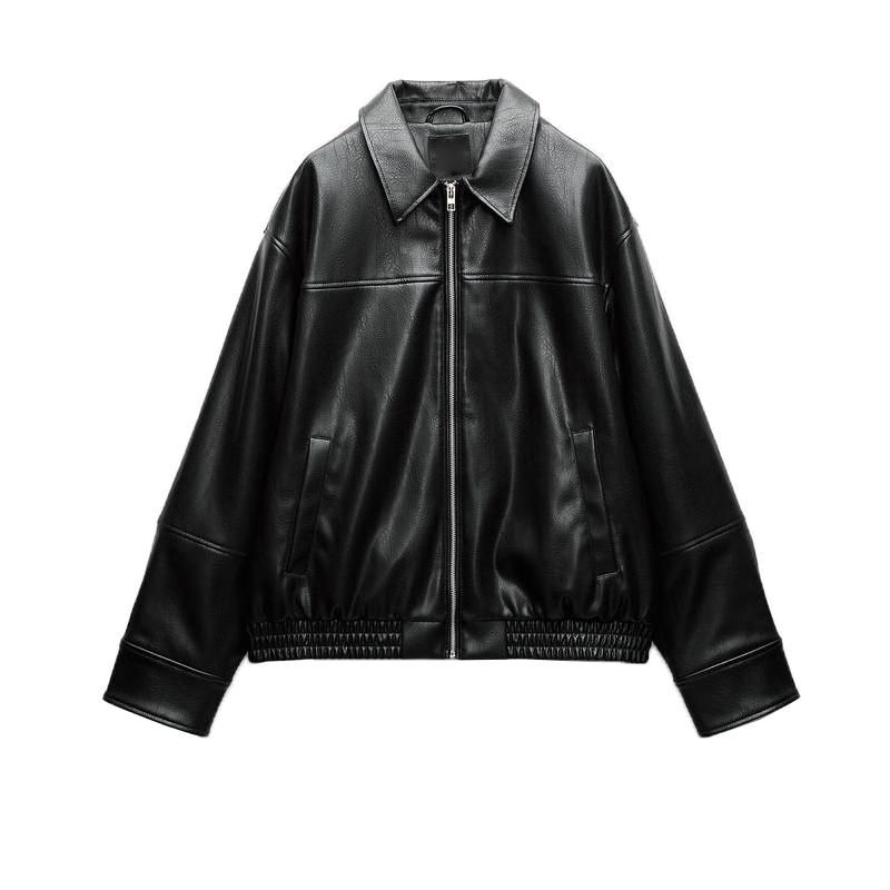 Fall and Winter New Women's Clothing Lapel Long Sleeves Poly Urethane Leather Pilot Jacket Outwear 4391865 4341864