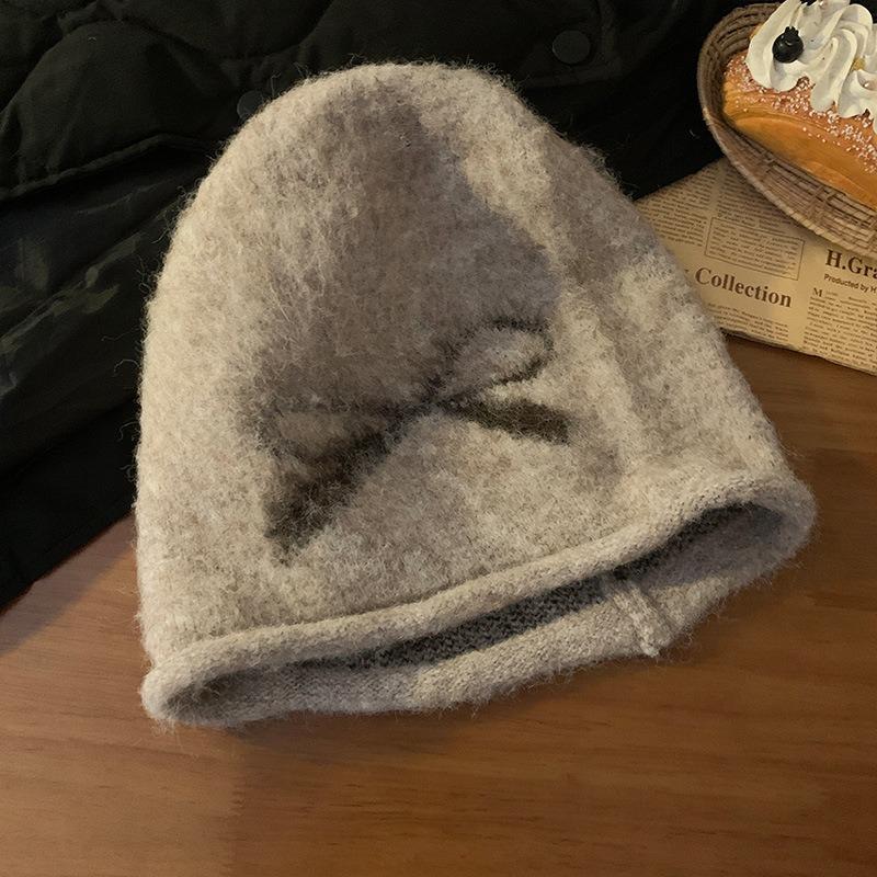 Korean Style Thick Bowknot Women S Knit Beanie Hat Autumn Winter Warm Windproof