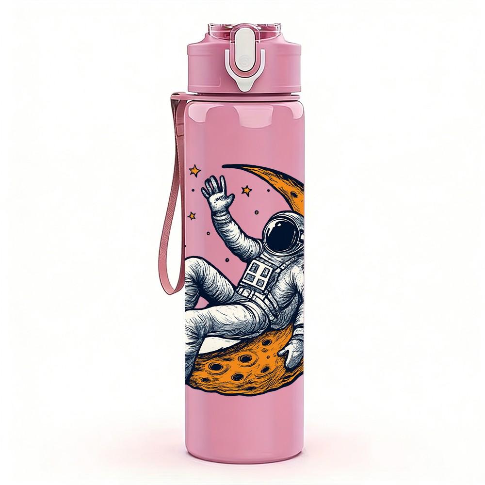 1PC Moon Astronaut Relax Space Pattern 750ml Color Plastic Sports Water Bottle Leakproof Flip Straw Lid Suitable for Sports Office Home Use