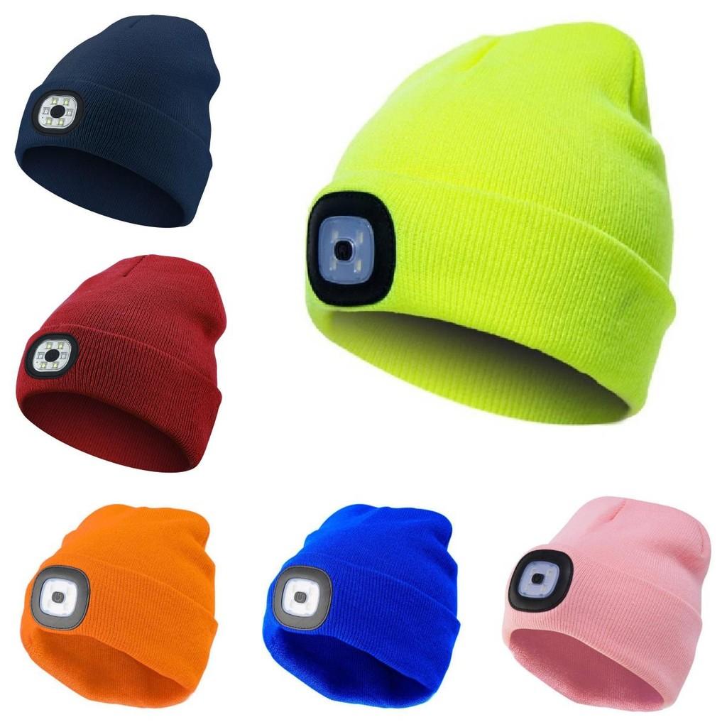 Black Led Knitted Beanie For Outdoor Night Running With Rechargeable Light Feature