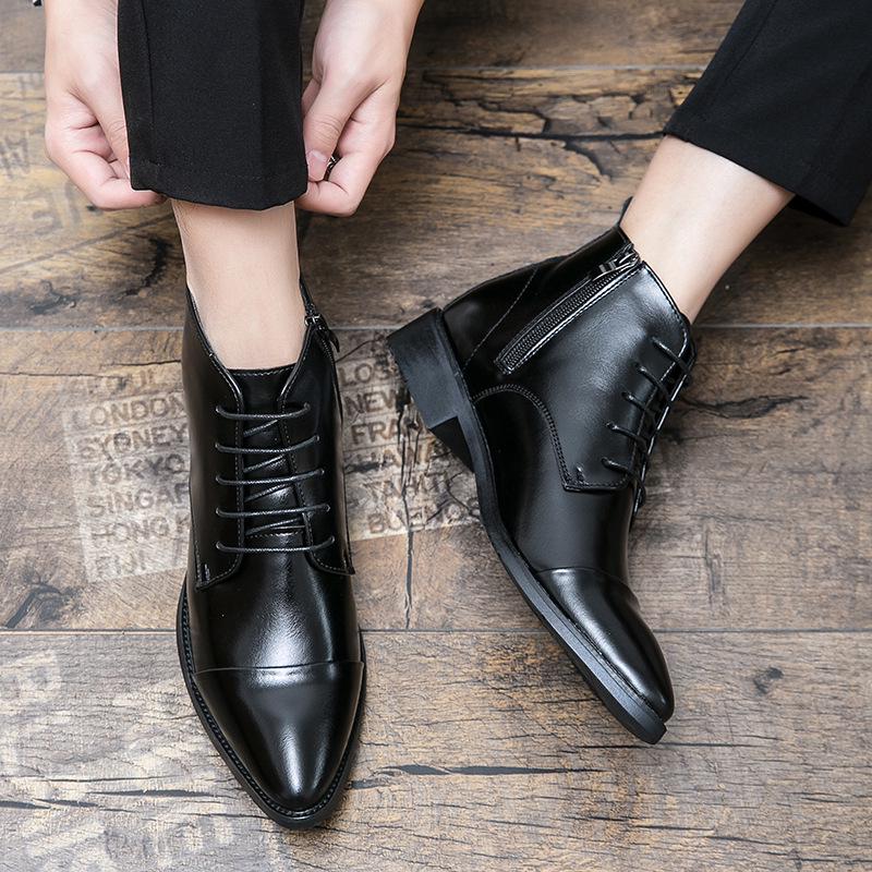 Men's Plus Size Autumn Pointed Toe Leather Ankle Boots - Casual & Formal Zipper High Tops