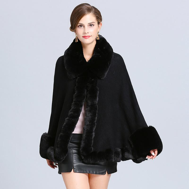 Winter Batwing Sleeves Soild Cloak Women Warm White String Faux Rabbit Fur Collar Poncho Cape Knitted Outstreet Shawl Coat