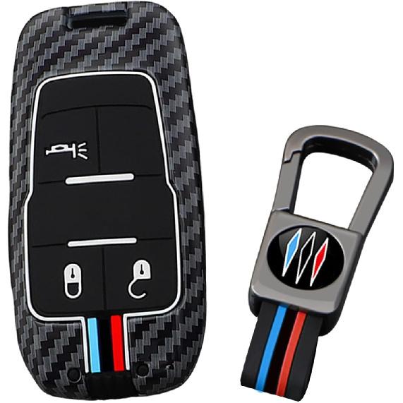ontto Fit for Ram Key Fob Protector Vehicle Key Case Compatible with Dodge Ram 1500 2500 3500 4500 5500 2019-up,Antiscratched Carbon Texture Car Key A-3-btn-blue-red-strips