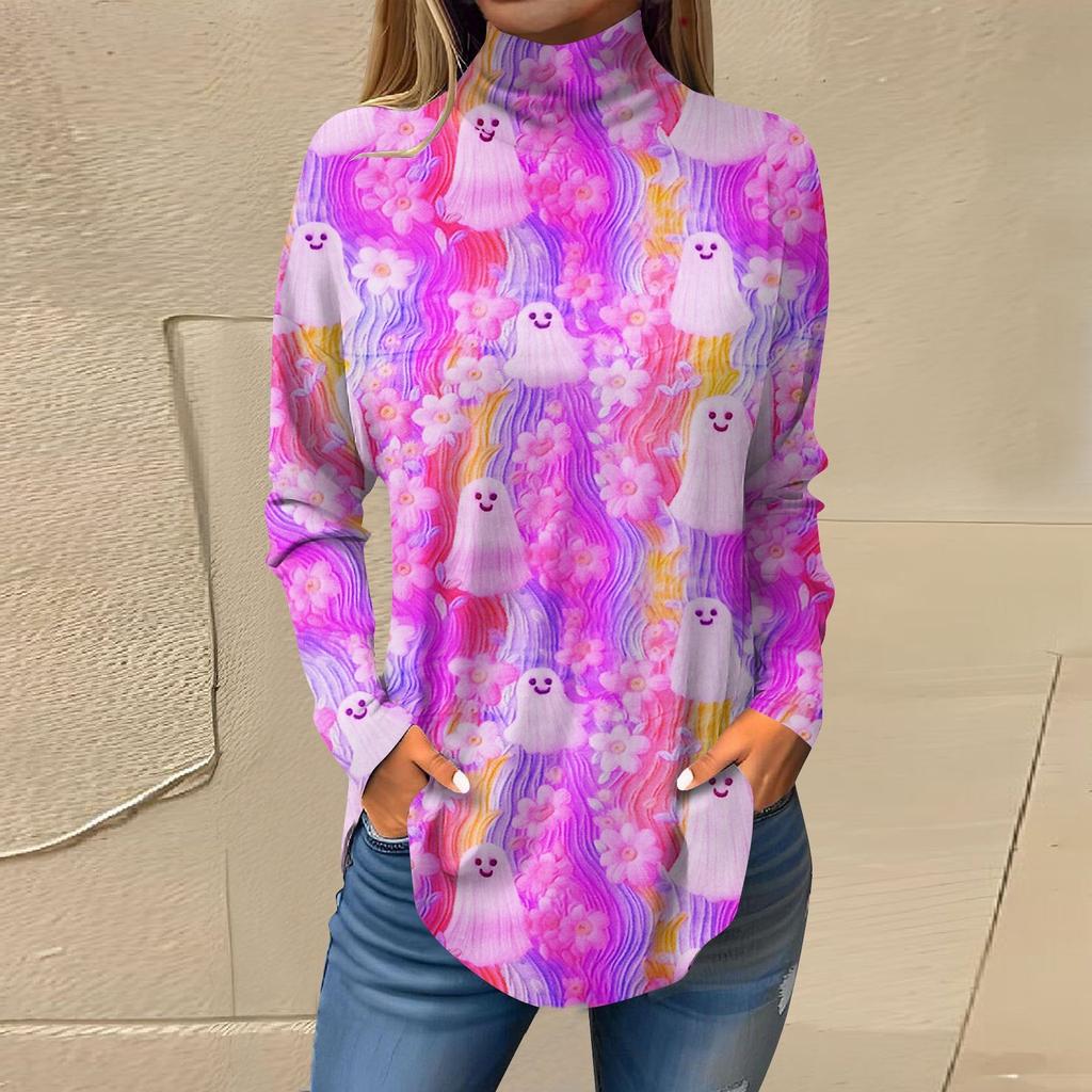 Dam Lös Höghalsad Tryckt Långärmad T-shirt Topp Pullover För Halloween