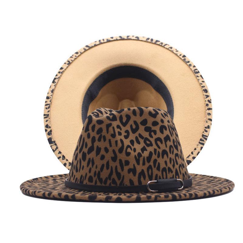 Autumn and winter British style men and women double-sided color matching leopard print woolen jazz hat new fashion belt big eaves hat